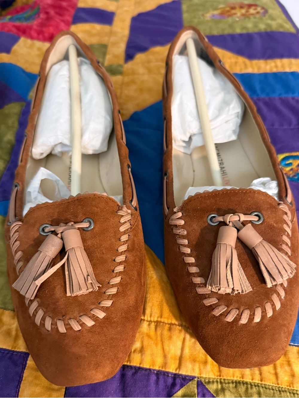 Isaac Mizrahi Suede Tassel Moccasins in Cognac Brown